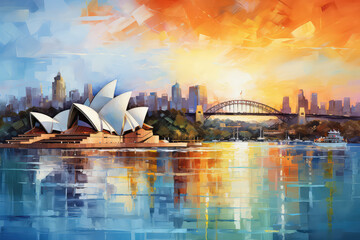 Obraz premium oil painting on canvas, Pinkish colourful sunrise over Sydney city CBD on waterfront of Harbour around Circular quay with major architectural landmarks and symbols of Australia. (ai generated)