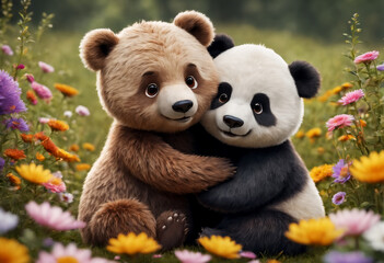Obraz na płótnie Canvas Cute and adorable little brown bear and panda on meadow. Generative AI