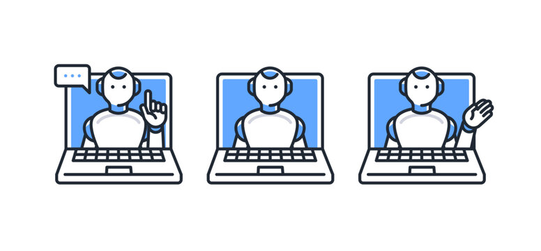 ノートパソコンと人型AIロボットのシンプルなベクターアイコンイラストセット素材