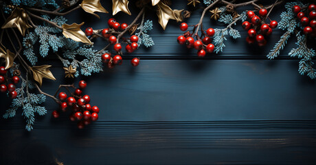 Christmas background with decoration with fir branches and red berries on dark blue wood table, Winter holiday greeting concept,Generative ai - obrazy, fototapety, plakaty