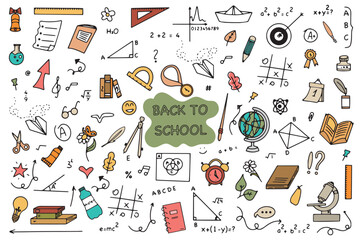 Background of school icons in doodle style. School education. Back to school doodle drawing. Vector 