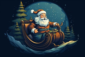 Illustration of Santa Claus riding in a festive sleigh created with Generative AI technology