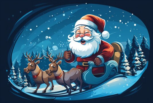 Illustration of Santa Claus riding a sleigh with reindeer flying through the sky created with Generative AI technology