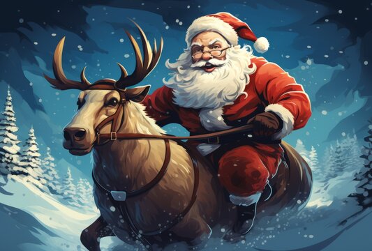 Illustration of Santa Claus flying on a reindeer in a whimsical painting created with Generative AI technology