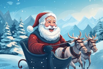 Illustration of Santa Claus riding in a sleigh with reindeer created with Generative AI technology