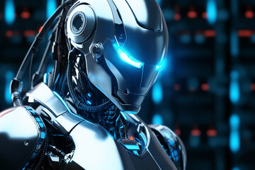 Portrait of a futuristic android robot made of metal and tubes with glowing blue eyes