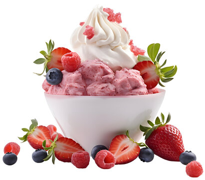 Ice cream or yogurt strawberry blueberry berries fruits scoop on white blank empty cup bowl on transparent background cutout, PNG file. for product presentation.