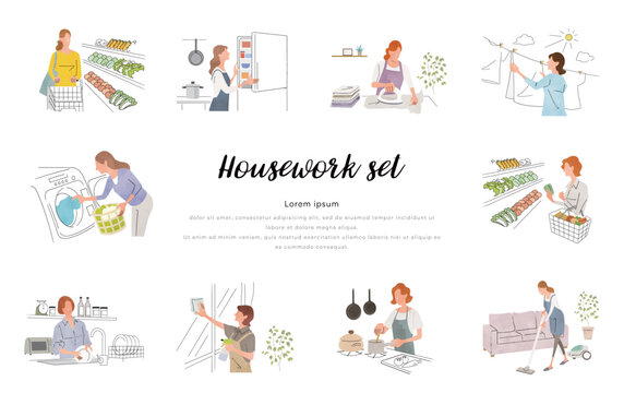 ベクターイラスト素材：家事をする女性、人物セット
