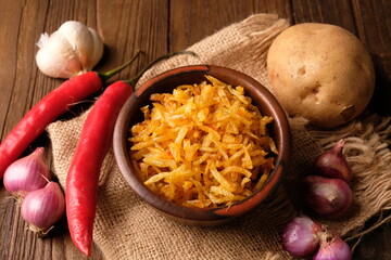 Mustofa potatoes are processed potatoes with matchstick slices that are deep fried and seasoned with balado spices. Indonesian food. Kentang mustofa. 