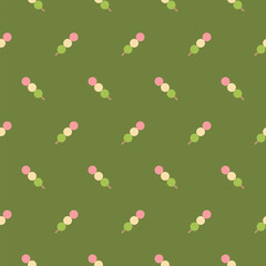 Sanshoku dango pattern vector illustration on green background. Dango is Japanese traditional snack. Seamless pattern and texture background design. Repeat pattern and decoration.