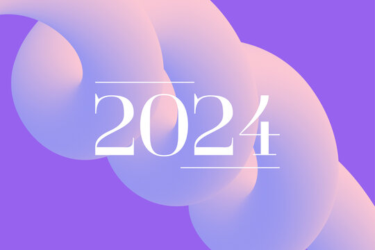 2024 numbers on banner of abstract 3d gradient motion twisted liquid line. Purple twisted spiral shape design template wallpaper. Vector event cover, background, header 