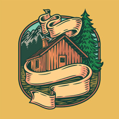 Wooden house with pine tree and ribbon mountains illustration