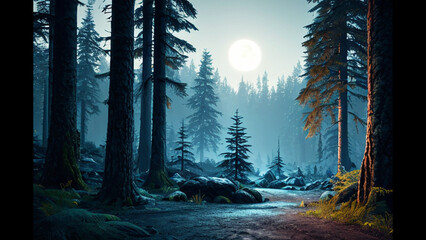 dark forest with a full moon in the background, concept art, conceptual art, photo-realistic unreal engine, blueish moonlight, generative ai, generative, ai
