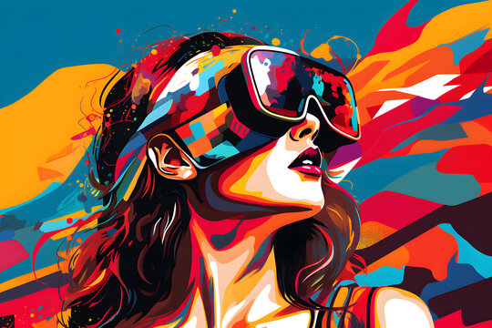 Woman with VR headset, colorful splash