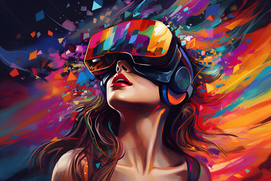 Woman with VR headset, colorful splash