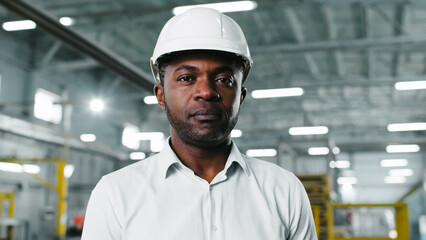 Tall middle-aged unshaved African-American employee man standing in the workplace. Behind him two male persons having dialogue conversation discussion. Workflow concept.