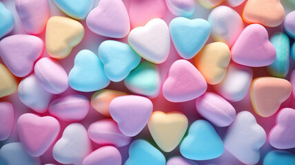 Fototapeta na wymiar Colorful Pastel Heart-Shaped Marshmallows Background