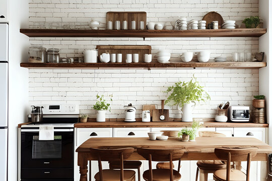 Fototapeta Rustic kitchen interior with white brick wall. Modern room design with wooden furniture, cozy home with vintage decoration. Tabletop with food, shelves with ceramic kitchenware. Kitchen interior