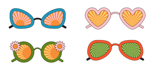 Groovy sunglasses. Collection of hippie sunglasses in trendy groovy style.