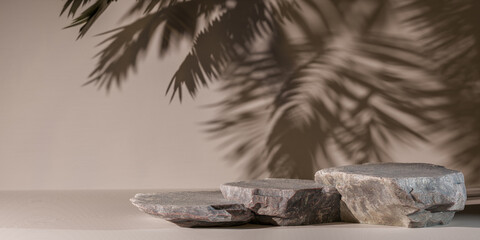 Blank product three podium. Minimal scene mockup with 3 stone and palm shadow, product podium with...