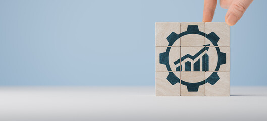 Operational excellence concept. Productivity with excellence process. Industrial management in efficiency and efficient process on wooden cubes. Lean cost and productivity growth. web banner