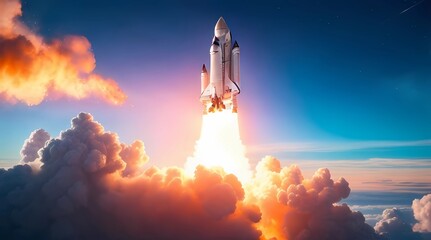 New space rocket lift off. Space shuttle with smoke and blast takes off into space, generative Ai - obrazy, fototapety, plakaty