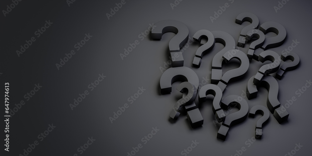 Poster pile of black question mark symbols on dark background. faq and question and answer time, question m