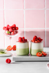 panna cotta with matcha and raspberries