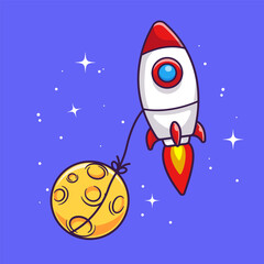 Rocket Flying With Moon In Space Cartoon Vector Icon
Illustration. Science Technology Icon Concept Isolated 
Premium Vector. Flat Cartoon Style