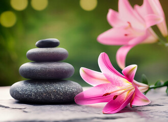 Spa still life. Spa massage stones with pink flowers on defocused wellness background.