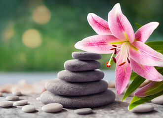 Fototapeta na wymiar Spa still life. Spa massage stones with pink flowers on defocused wellness background.
