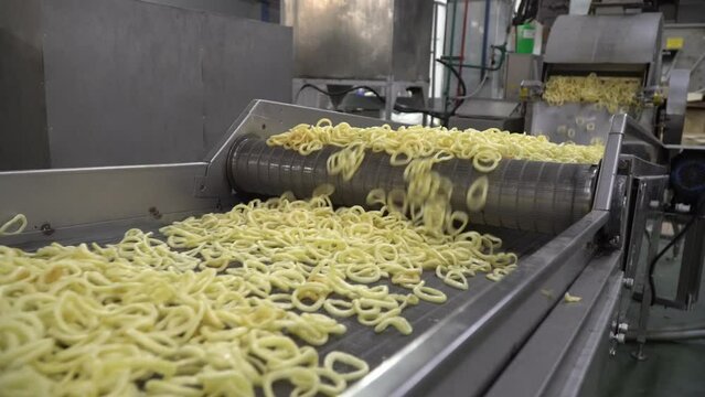 The process of making onion rings. How to make onion rings. Fast food production plant. 