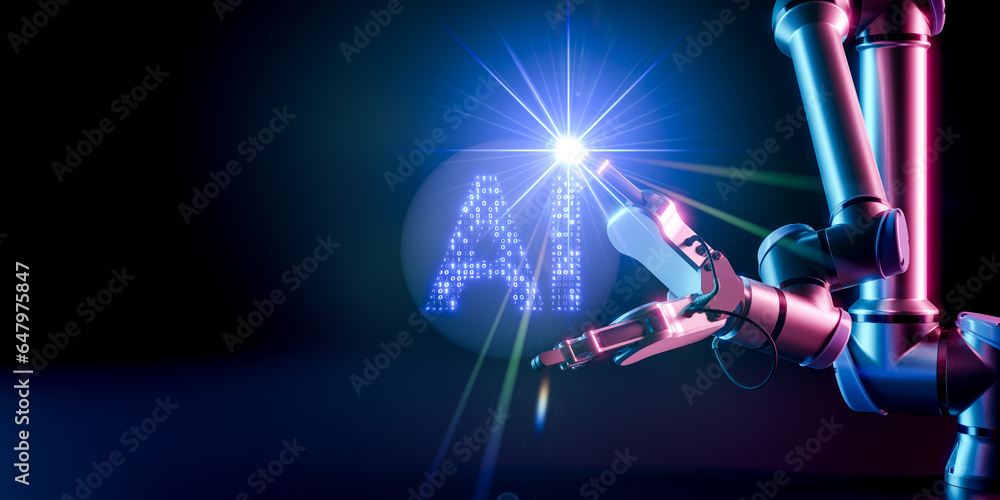 Poster artificial robot arm holding ai. robotic process automation for smart factory automation software. d
