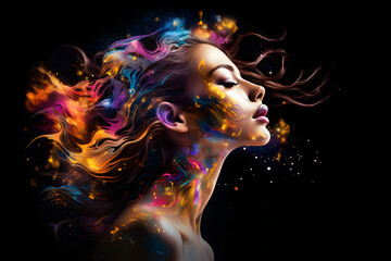 Beautiful abstract woman with fantasy style, double exposure, vibrant splash painting in black background
