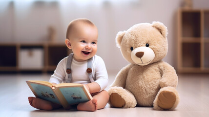 Little child boy holding a book while sitting next to a stuffed plush animal teddy bear toy on a hard floor laminate at home - Powered by Adobe