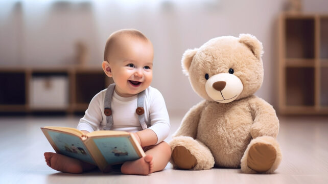 Little child boy holding a book while sitting next to a stuffed plush animal teddy bear toy on a hard floor laminate at home