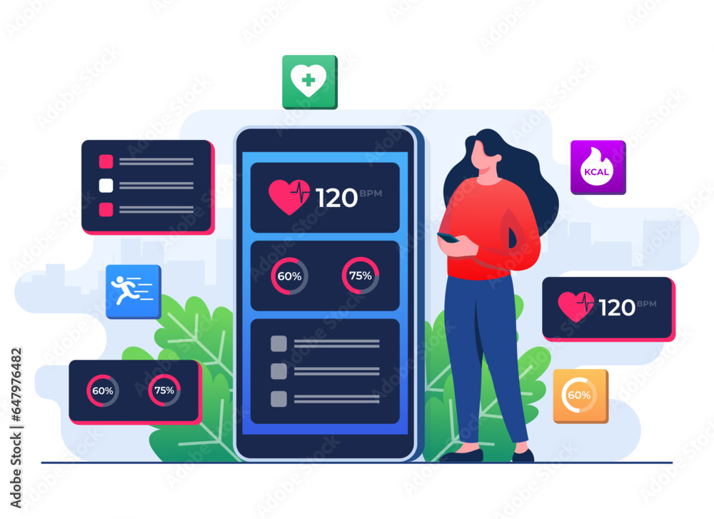 Wall mural digital health concept flat illustration vector template, monitoring heart rate in a smartphone, fit