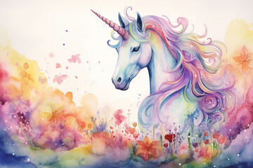 portrait of a unicorn in the style of watercolor painting with multicolored paints, wet watercolor technique, beautiful children's illustration, drawing - obrazy, fototapety, plakaty
