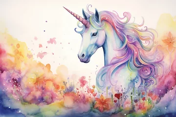 Muurstickers portrait of a unicorn in the style of watercolor painting with multicolored paints, wet watercolor technique, beautiful children's illustration, drawing © Tatyana