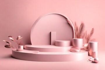 Minimalistic pink podium for displaying a cosmetic product with a fashion banner concept against a pink background can be a visually appealing and harmonious design. 
