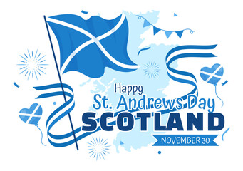Happy St Andrew Day Vector Illustration on 30 November with Scotland Flag in National Holiday Celebration Flat Cartoon Blue Background Design