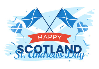 Happy St Andrew Day Vector Illustration on 30 November with Scotland Flag in National Holiday Celebration Flat Cartoon Blue Background Design