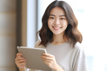 Fototapeta premium a vibrant young Asian woman is depicted, radiating positivity as she holds a digital tablet in her hands. Her smile is warm and inviting, reflecting her enthusiasm and confidence. Generative AI.
