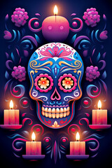 Dia de los Muertos. Day of the Dead poster with smiling sugar holiday skull, flowers