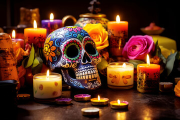Sugar skull used to celebrate dia de los muertos, on a purple background with flowers and candles. - obrazy, fototapety, plakaty