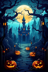 Halloween landscape poster, illustration. Halloween castle, copy paste space. Dark background, castle and pumpkins.