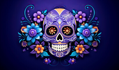 Mexican skull and flowers, on a blue background, original pattern. Muertos Dead Day.