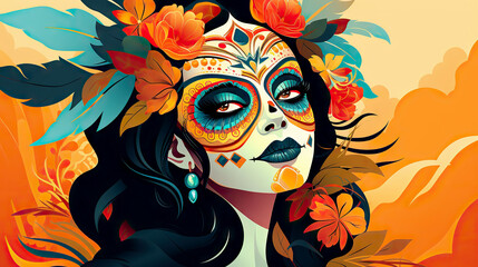 Dia de los Muertos, portrait of a girl with a painted face on a black background - obrazy, fototapety, plakaty