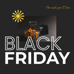 Composite of black friday text and shopping trolley and gift on black background