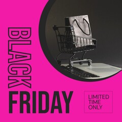 Composite of black friday text and shopping trolley and gift on pink background